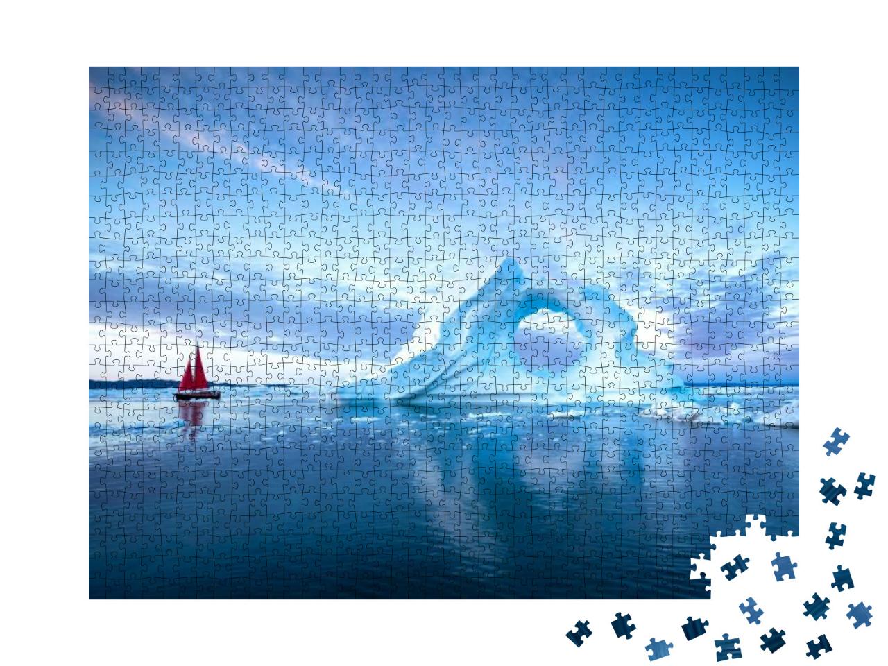 Puzzle 1000 Teile „Segelboot mit roten Segeln vor massiven Eisbergen am Abend, Diskobucht, Grönland“