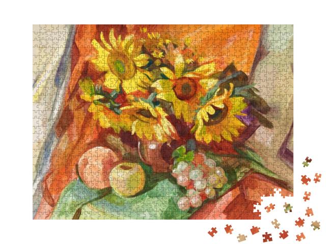 Puzzle 1000 Teile „Stillleben im ukrainischen Stil mit Früchten und Sonnenblumen, Gouache-Malerei“