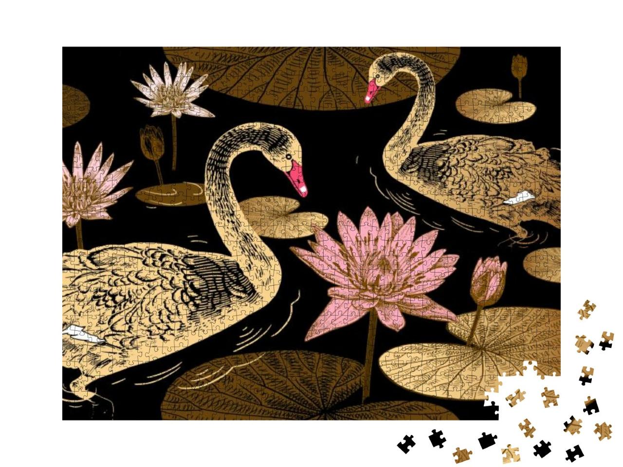 Puzzle 1000 Teile „Nahtloses Muster mit Vögeln, Schwänen, Blüten und Seerosenblättern Vektor-Illustrationskunst Vintage-Gravur“
