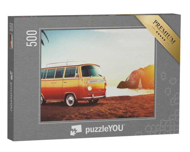 Puzzle 500 Teile „Retro-Bus am Strand im Sonnenuntergang“