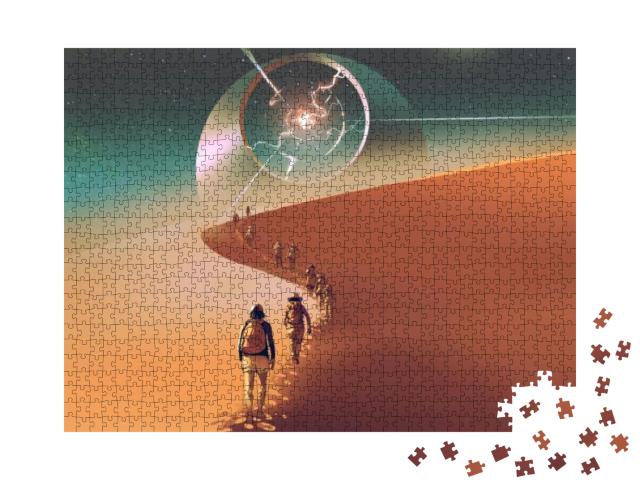 Puzzle 1000 Teile „Digitale Kunst: Marsch durch die Wüste zu einem geheimen Portal“