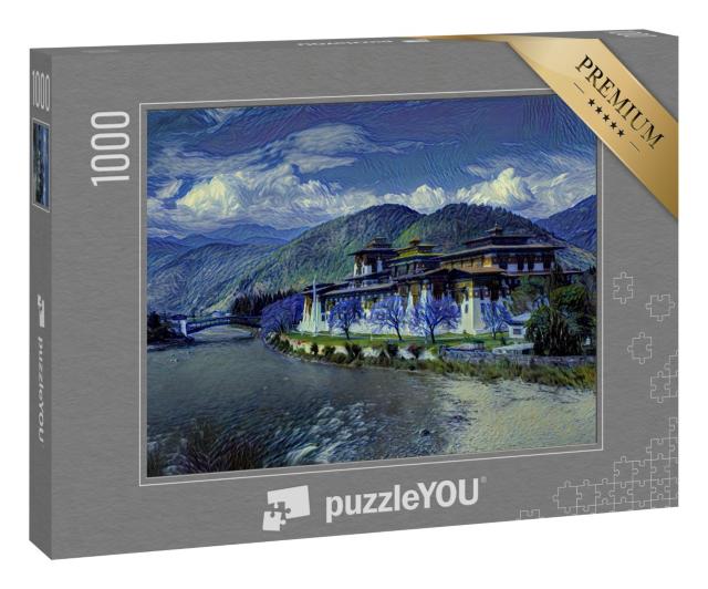 Puzzle 1000 Teile „im Kunst-Stil von van Gogh, Sternennacht - Punakha Dzong in Punakha, Bhutan“