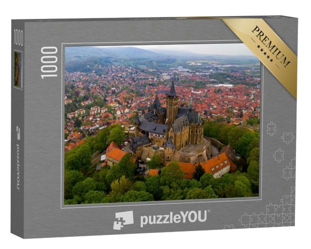 Puzzle 1000 Teile „Schloss von Wernigerode, Harz, Sachsen-Anhalt, Deutschland, Luftaufnahme von oben“