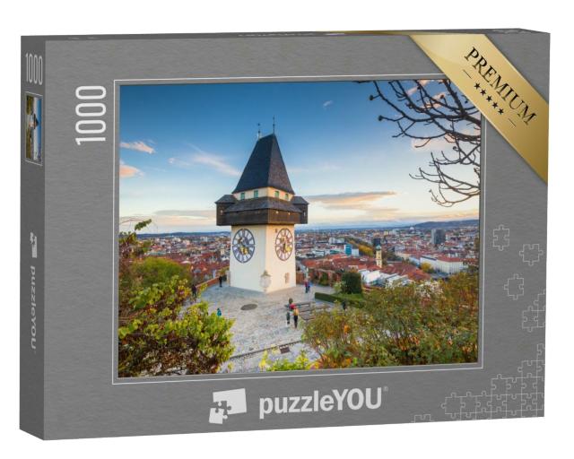 Puzzle 1000 Teile „Klassisches Panorama: Graz mit Uhrenturm bei Sonnenuntergang, Steiermark“