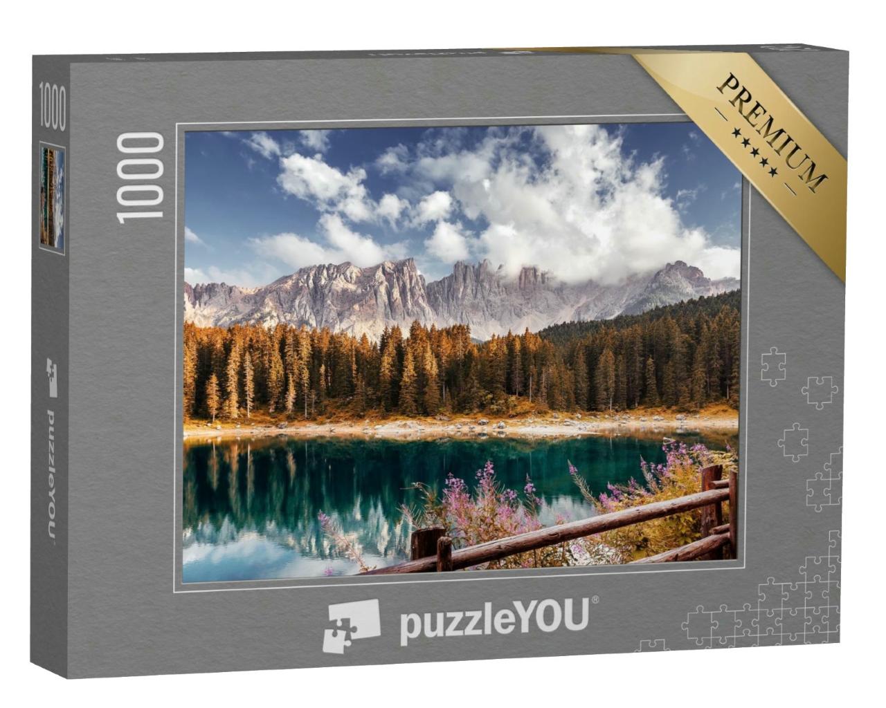 Puzzle 1000 Teile „Alpen: Hochland bei Sonnenuntergang, Lago di Carezza, Dolomiten“