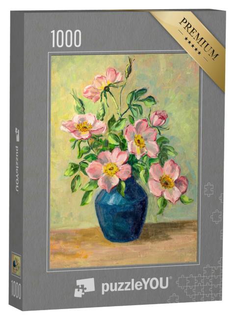 Puzzle 1000 Teile „Vintage-Ölgemälde von hübschen Blumen in einer blauen Vase“