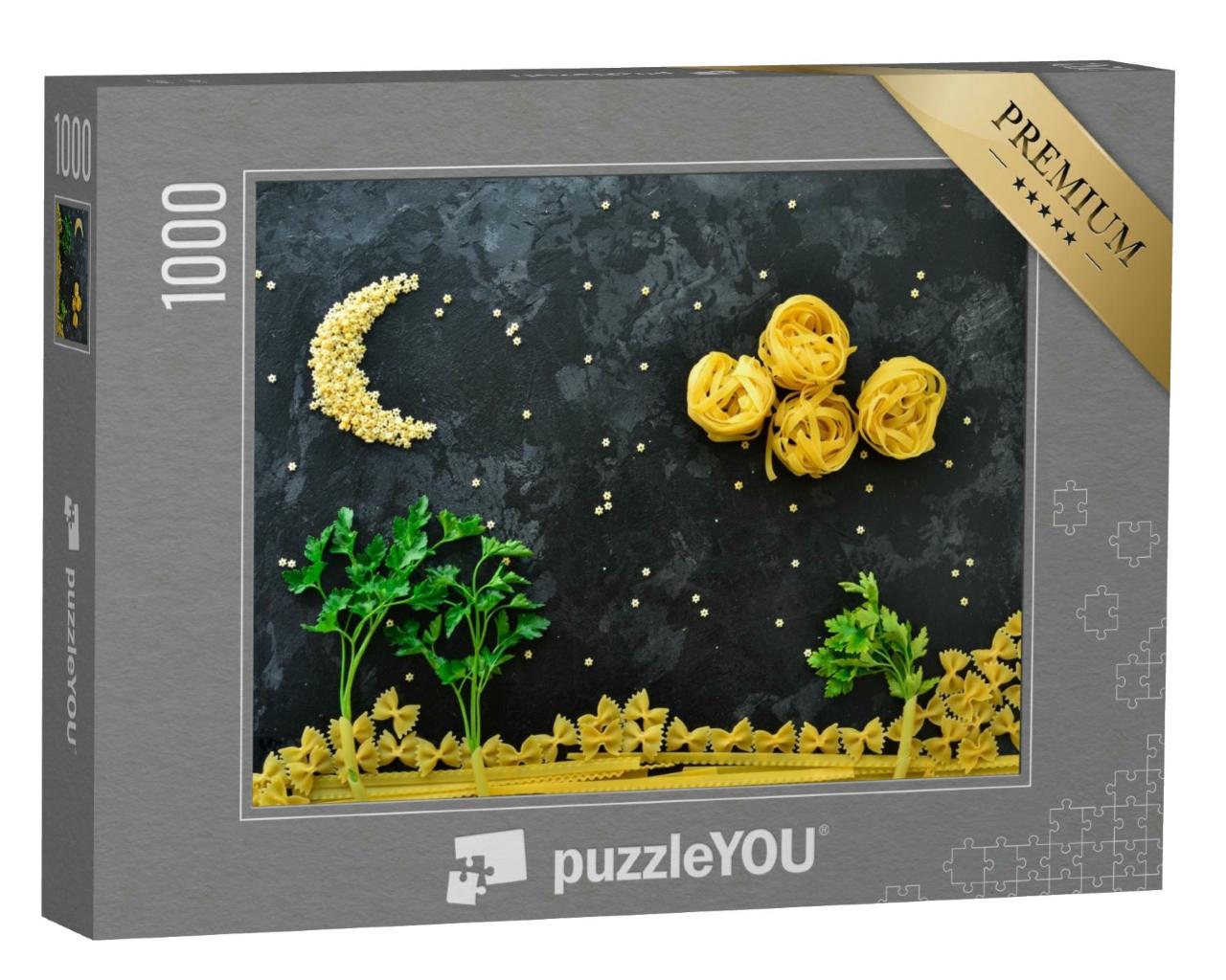 Puzzle 1000 Teile „Arrangement aus Pasta und Kräutern: Mondnacht über dem Bergwald“