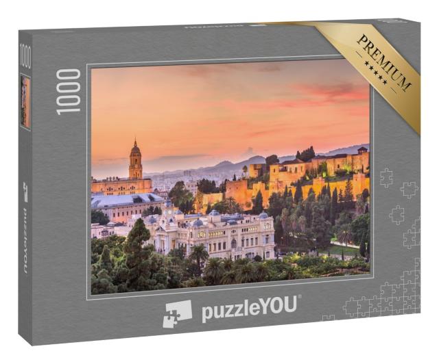 Puzzle 1000 Teile „Skyline von Malaga in der Abenddämmerung, Spanien“