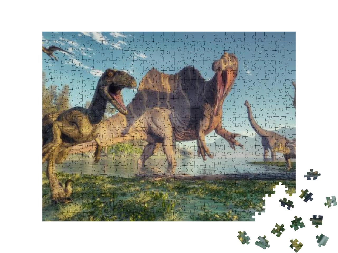 Puzzle 500 Teile „Spinosaurus und Deinonychus, Dschungel-Szene, 3D-Illustration“
