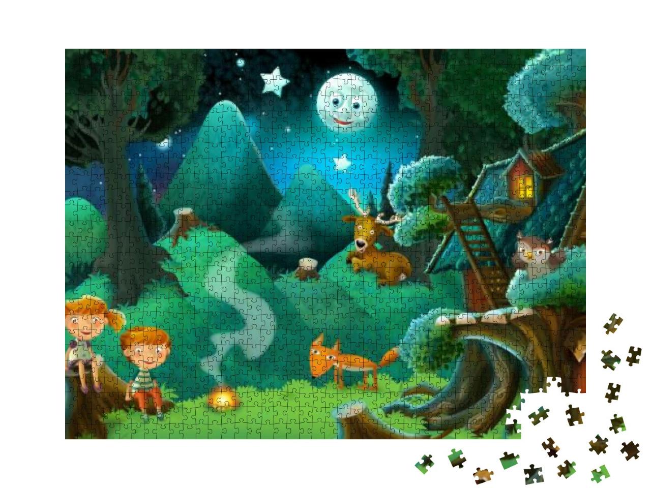 Puzzle 1000 Teile „Märchenbühne: Kinder und Tiere im Wald“