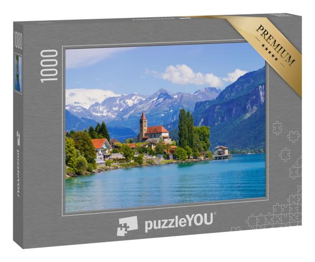 Puzzle 1000 Teile „Stadt Brienz am Brienzersee vor den Alpen, Interlaken, Schweiz“