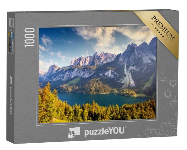 Puzzle 1000 Teile „Fantasischer Blick über den Vorderen Gosausee und Dachstein-Gletscher, Österreich“