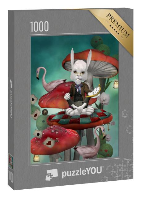Puzzle 1000 Teile „Illustration, inspiriert von Alice im Wunderland: Hase mit Uhr“