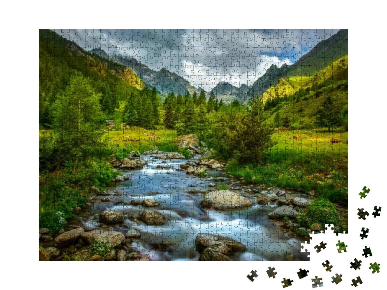 Puzzle 1000 Teile „Berglandschaft mit Tal und Fluss“