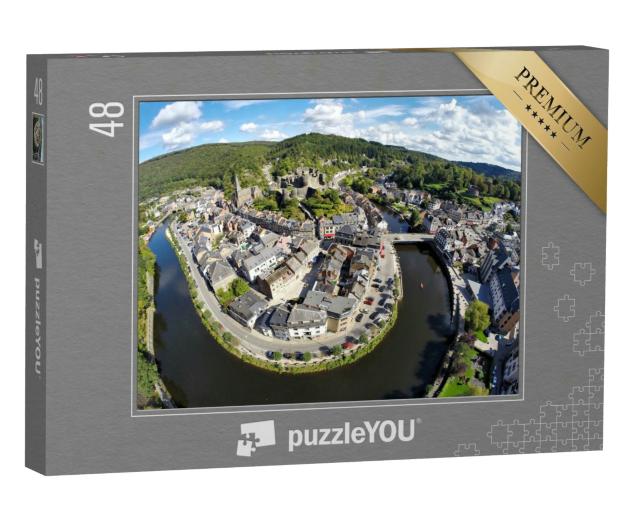 Puzzle 48 Teile „Luftaufnahme der belgischen Stadt La Roche-en-Ardenne mit Fluss Ourthe“