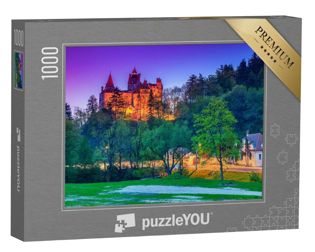 Puzzle 1000 Teile „Schloss Bran mit atemberaubenden Lichtern am Abend, Siebenbürgen, Rumänien“