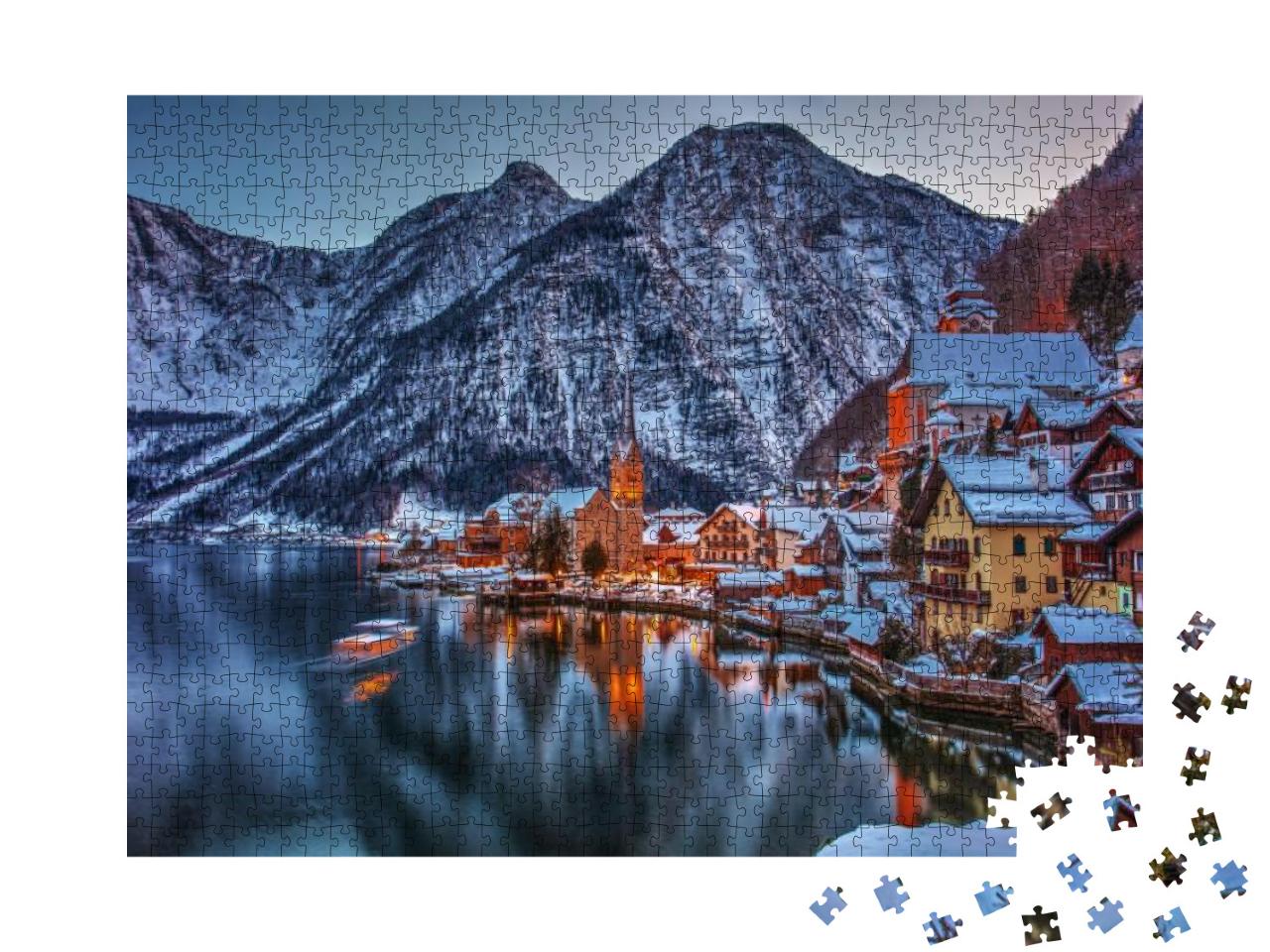 Puzzle 1000 Teile „Winterliche Szene: Hallstadt als Märchenstadt, Österreich“