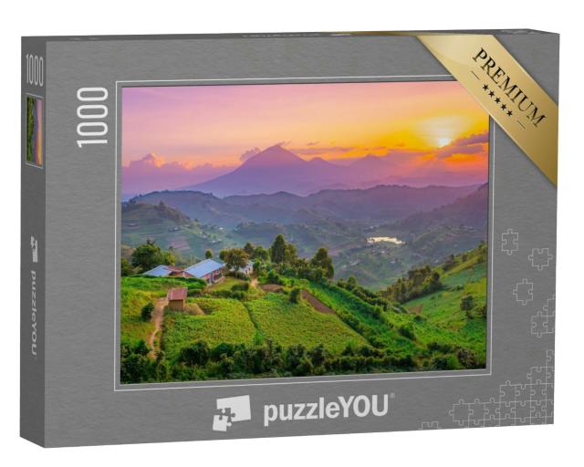 Puzzle 1000 Teile „Sonnenuntergang über den Hügeln und Weisen in Kisoro, Uganda, Afrika“