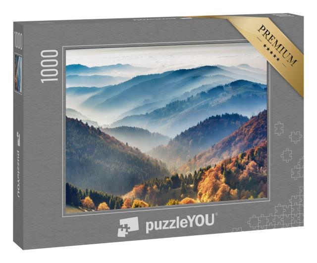 Puzzle 1000 Teile „Malerischer Schwarzwald: Berge im Nebel, Baden-Württemberg, Deutschland“