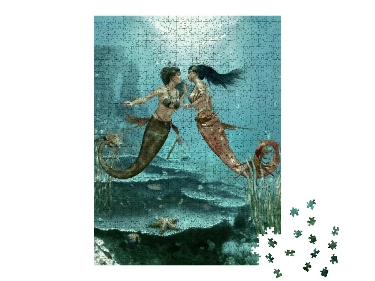 Puzzle 1000 Teile „Digitale Kunst: Zwei Meerjungfrauen unter Wasser“