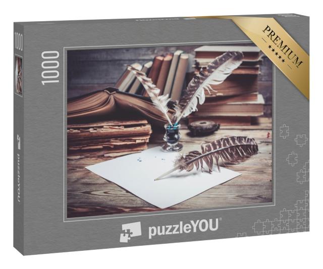 Puzzle 1000 Teile „Vintage-Stillleben: Bücher, Tinte und Schreibfedern“