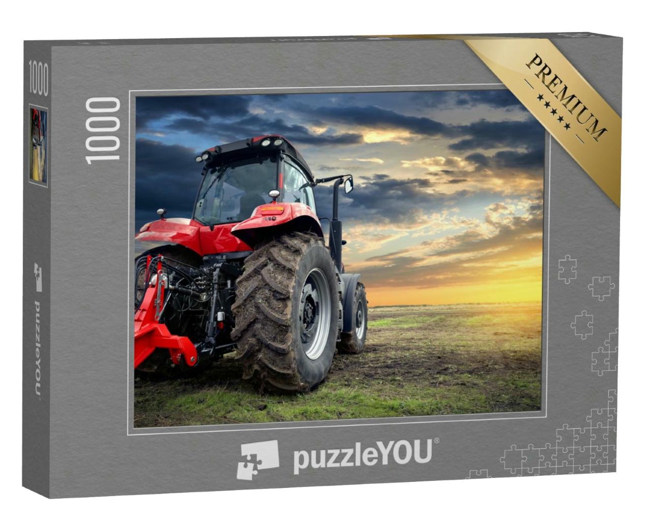 Puzzle 1000 Teile „Traktor bei Sonnenuntergang, moderner Traktor in Großaufnahme“