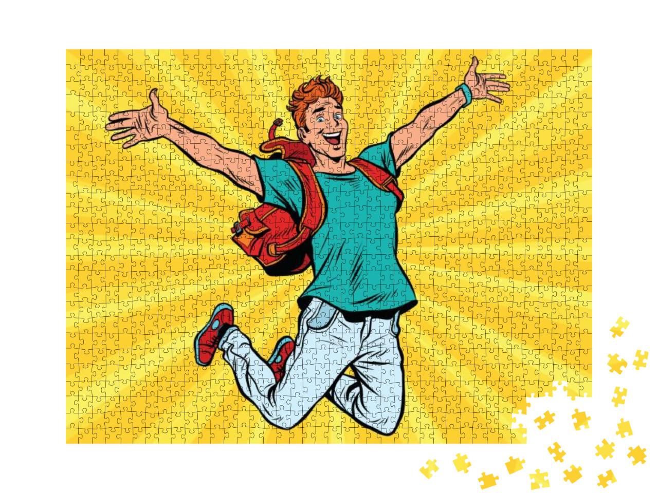 Puzzle 1000 Teile „Junger Mann springt vor Freude, Pop-Art Retro-Comic“