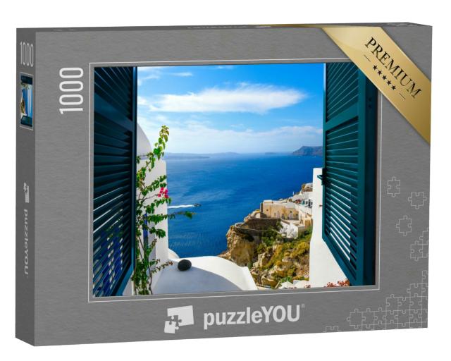 Puzzle 1000 Teile „Blick aus einem Fenster im Dorf Oia auf der Insel Santorin, Griechenland“