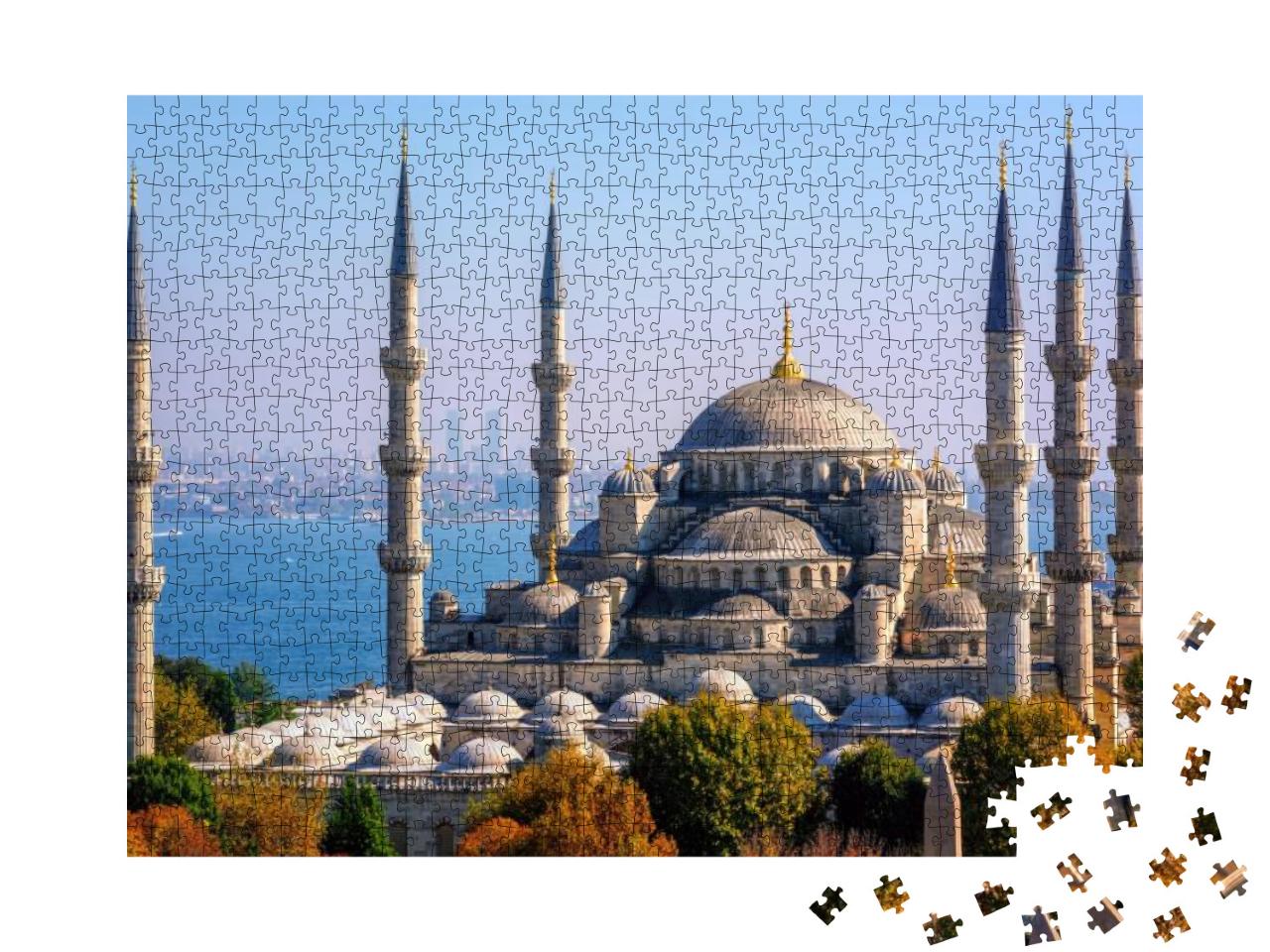 Puzzle 1000 Teile „Blaue Sultan-Ahmed-Moschee Moschee vor dem Bosporus, Istanbul, Türkei“