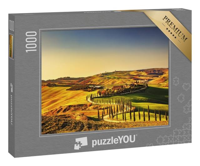 Puzzle 1000 Teile „Sonnenuntergang über der Toskana mit Zypressen, Italien“