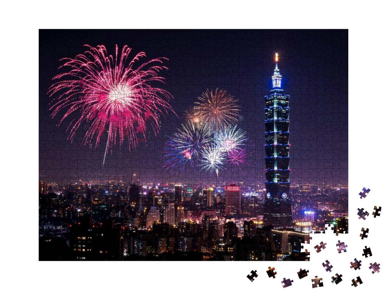 Puzzle 1000 Teile „Skyline mit Feuerwerk, Nachtleben, Blick auf Taipeh“