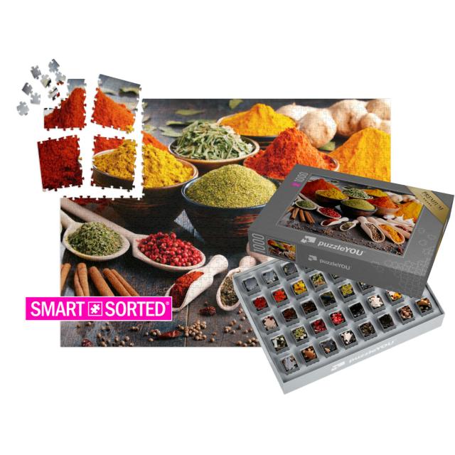 SMART SORTED® | Puzzle 1000 Teile „Eine Vielzahl von Gewürzen und Kräutern auf dem Küchentisch“