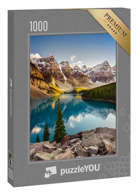 Puzzle 1000 Teile „Der Moraine See im Sonnenuntergang der kanadischen Rocky Mountains“