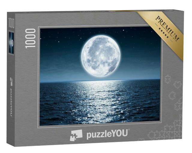 Puzzle 1000 Teile „ÜbeVollmond, der nachts über dem ruhigen Meer aufgeht, Sterne“