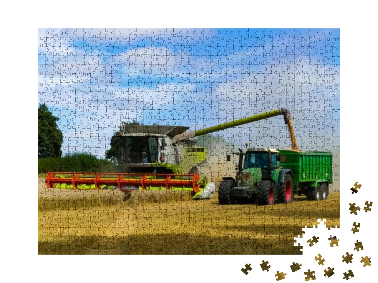 Puzzle 1000 Teile „Traktor mit Anhänger, der im Tandem neben einem Mähdrescher arbeitet, Oxfordshire“