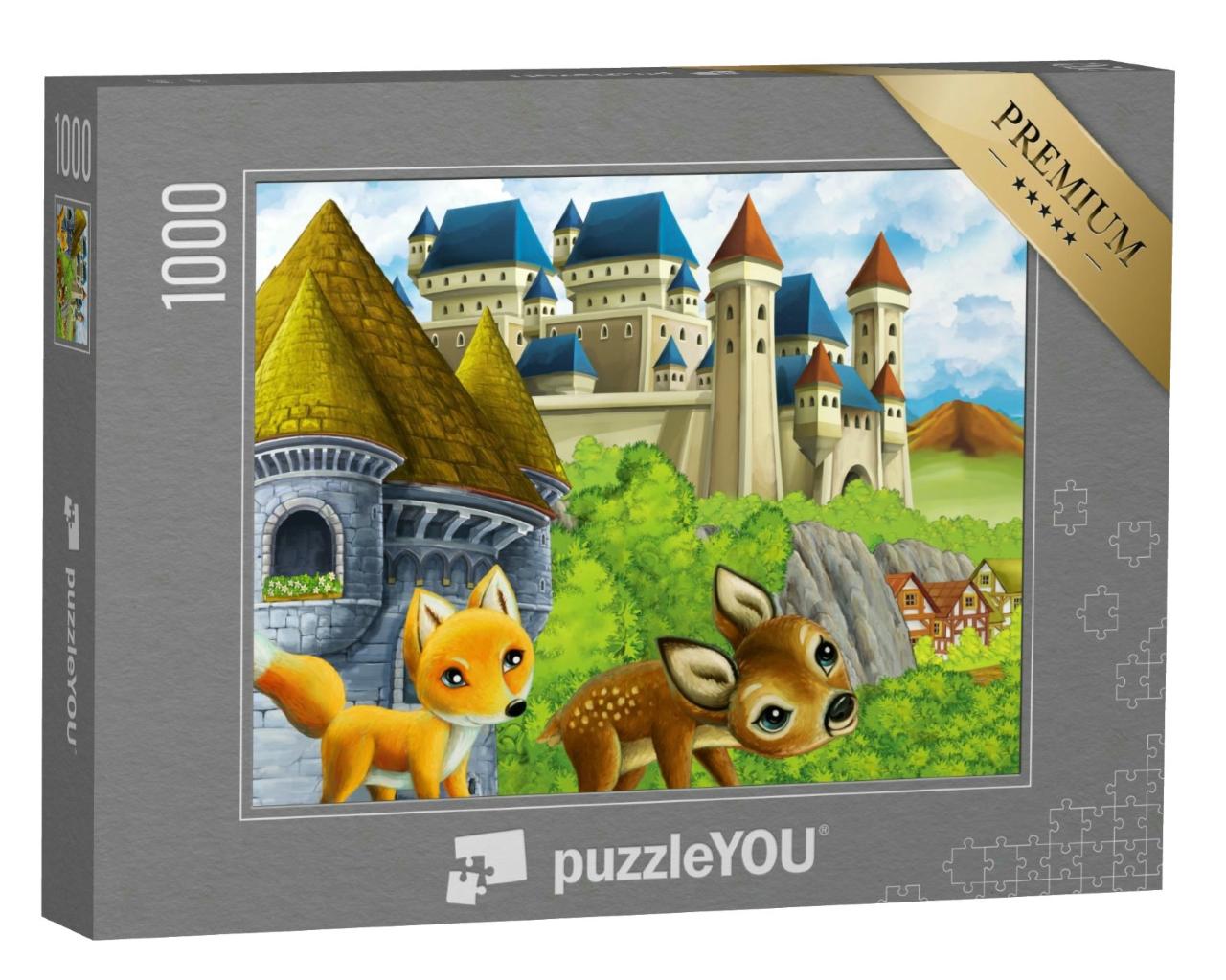Puzzle 1000 Teile „Illustration: Kleiner Fuchs und kleines Reh auf dem Weg zum Schloss“
