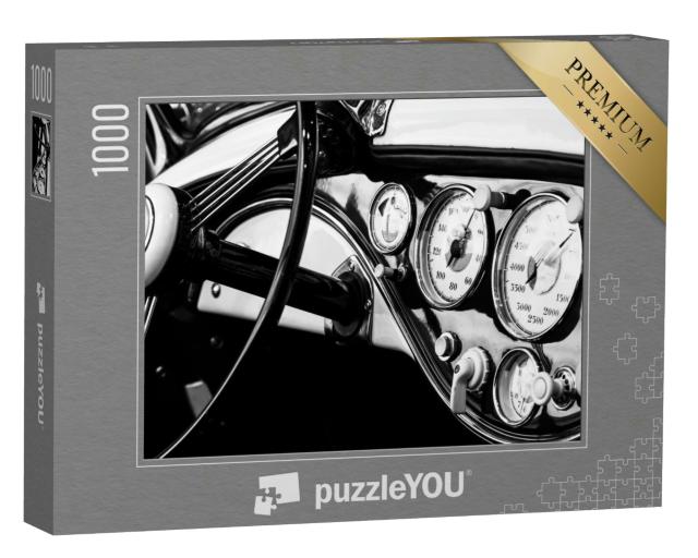 Puzzle 1000 Teile „Das Armaturenbrett eines Oldtimers, schwarz-weiß“