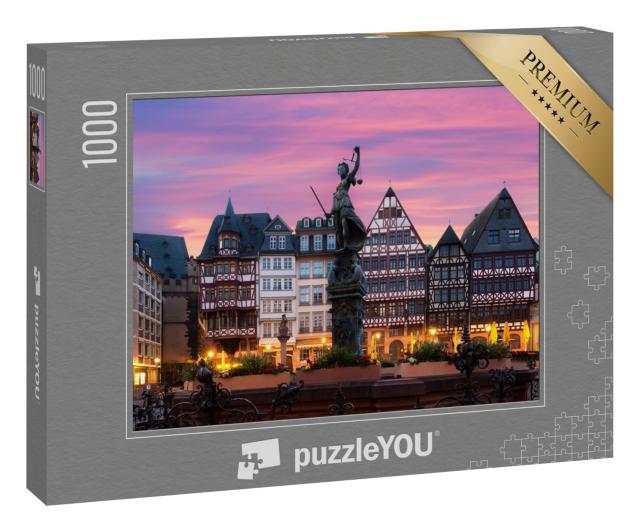 Puzzle 1000 Teile „Altstadtplatz Römerberg mit Justitia-Statue in Frankfurt, Deutschland“