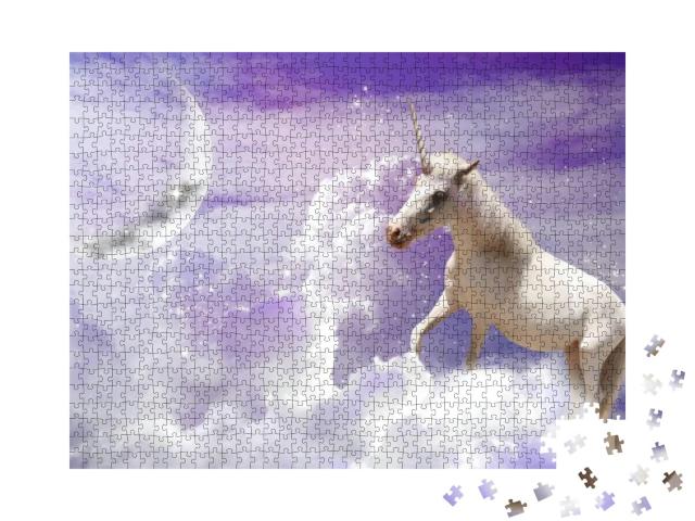Puzzle 1000 Teile „Einhorn vor fantastischem Himmel mit flauschigen Wolken und Halbmond“