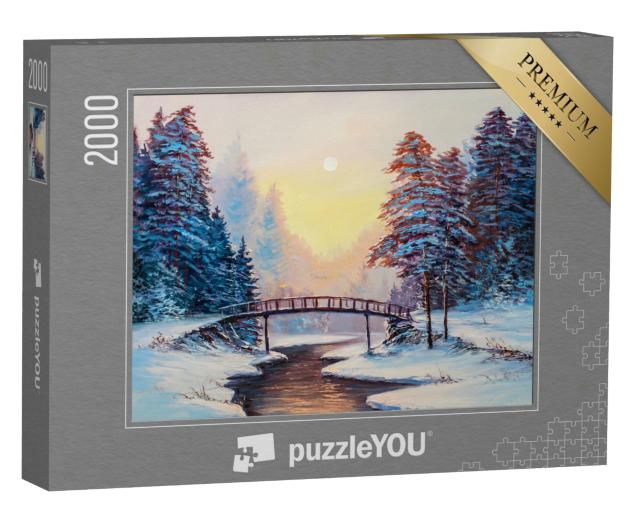 Puzzle 2000 Teile „Winterlandschaft mit Fluss, Original-Ölgemälde“
