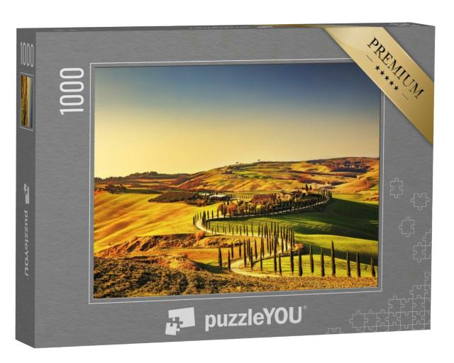 Puzzle 1000 Teile „Sonnenuntergang über der Toskana mit Zypressen, Italien“