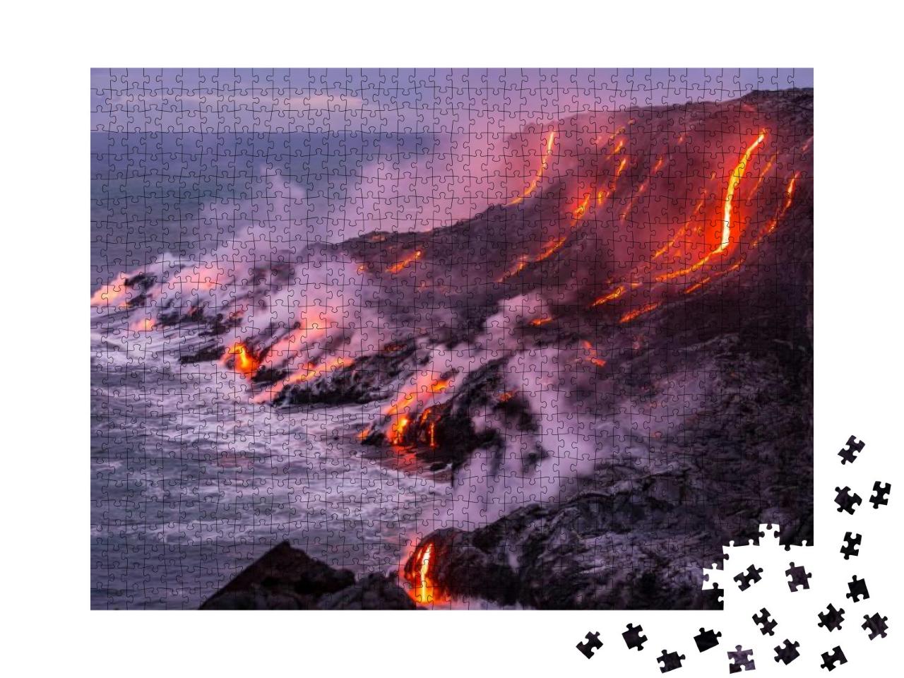Puzzle 1000 Teile „Viele kleine Ströme von Lava laufen in den Ozean“