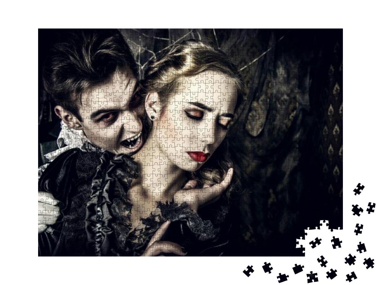 Puzzle 1000 Teile „Blutrünstiger männlicher Vampir in mittelalterlicher Kleidung beißt eine schöne Dame“