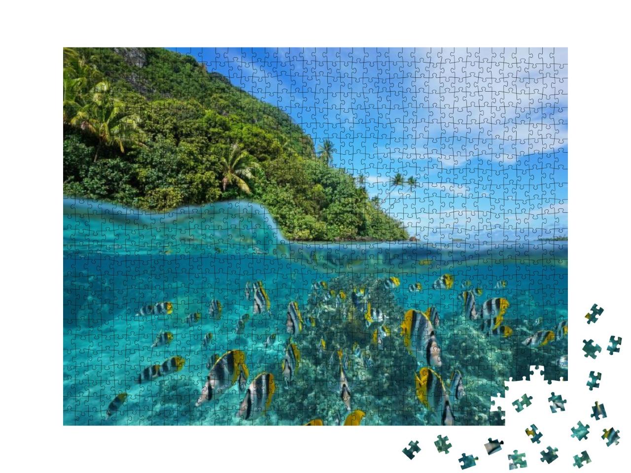 Puzzle 1000 Teile „Tropische Fische über und unter Wasser, Huahine, Pazifischer Ozean“