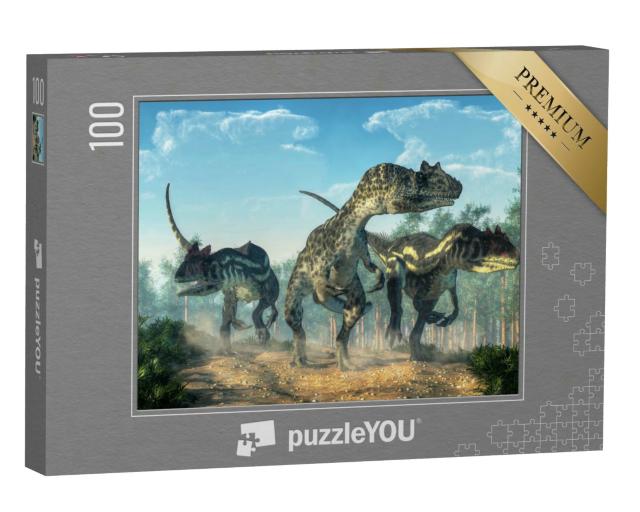Puzzle 100 Teile „Drei Allosaurier wirbeln Staub auf, Jäger auf Beutezug“