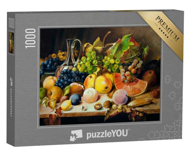 Puzzle 1000 Teile „Stillleben mit Pfirsichen, Äpfeln und Weintrauben, Ölgemälde“