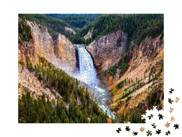 Puzzle 1000 Teile „Yellowstone National Park, Berg, Wasserfall, Tal, Landschaft“