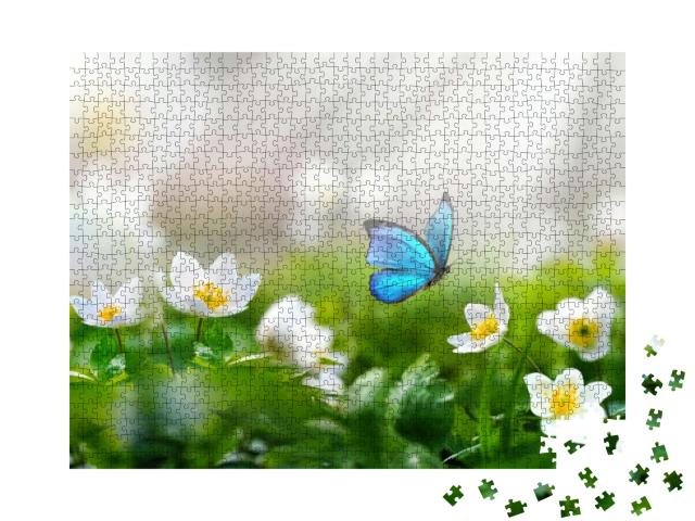 Puzzle 1000 Teile „Weiße Anemonen: perfekter Landeplatz für einen blauen Schmetterling“
