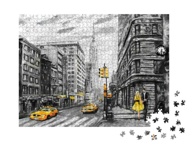 Puzzle 1000 Teile „Mann, Frau und gelbes Taxi: Ölgemälde mit Straßenansicht aus New York“