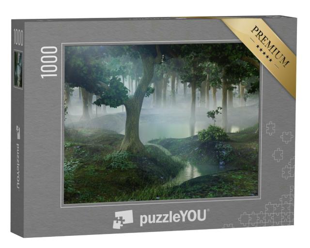 Puzzle 1000 Teile „Nebliger Fantasiewald mit Teichen, 3D-Landschaftsillustration“
